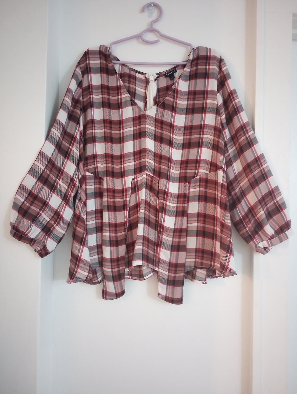 Torrid Burgundy Brown Cream V Neck Plaid Puff Sleeves Blouse Plus Size 1